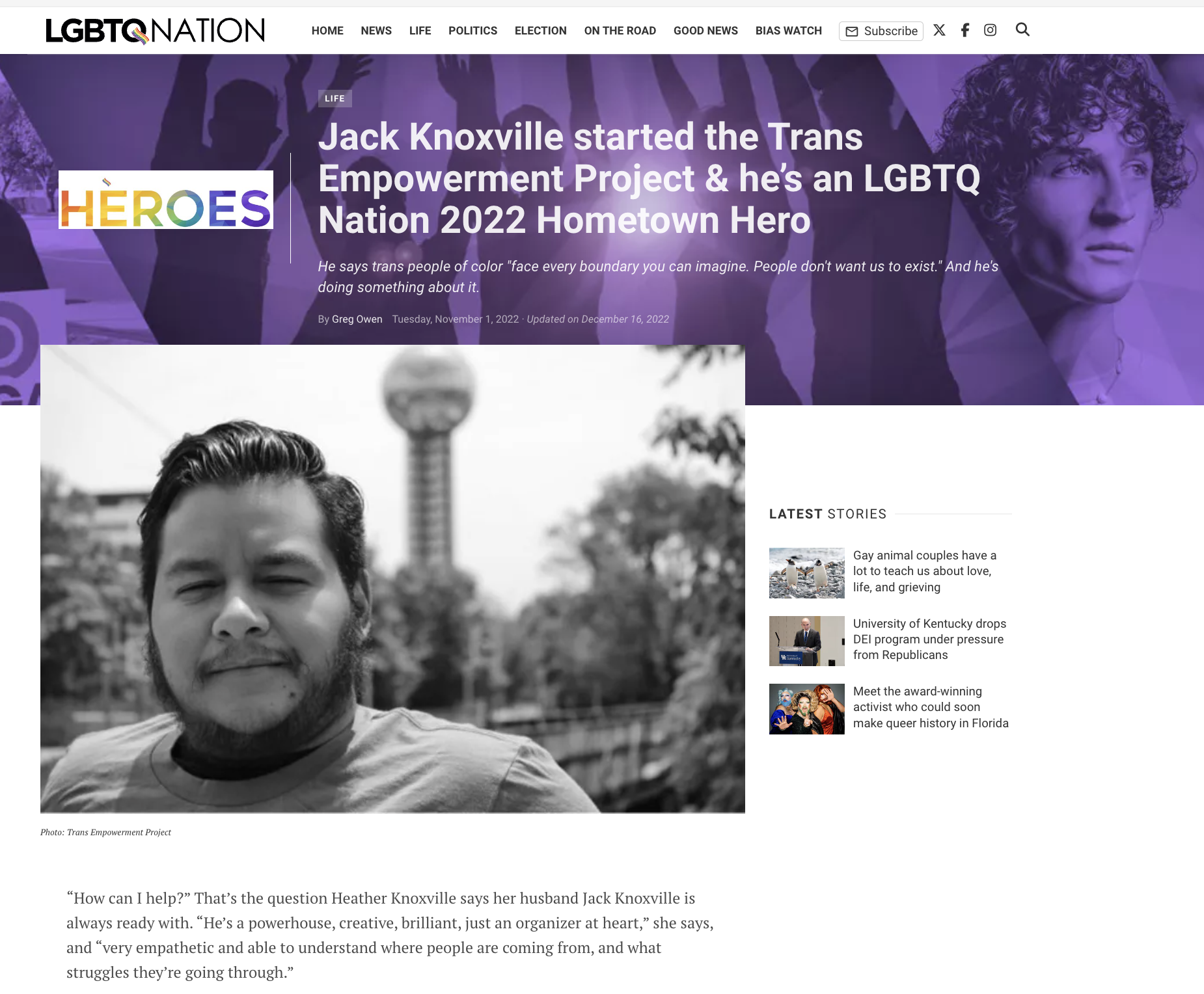 Jack is shown posing in front of the sunsphere in Knoxville, TN,  in a black and white image featured on LGBTQNation.com